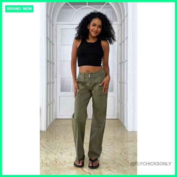 Straight Leg Mid Rise Pants, Cotton Spandex, Flap Pocket Casual Wear - Picture 7 of 7